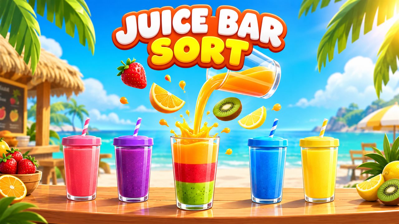 Juice Bar Sort: colorful juice glasses on a tropical beach bar